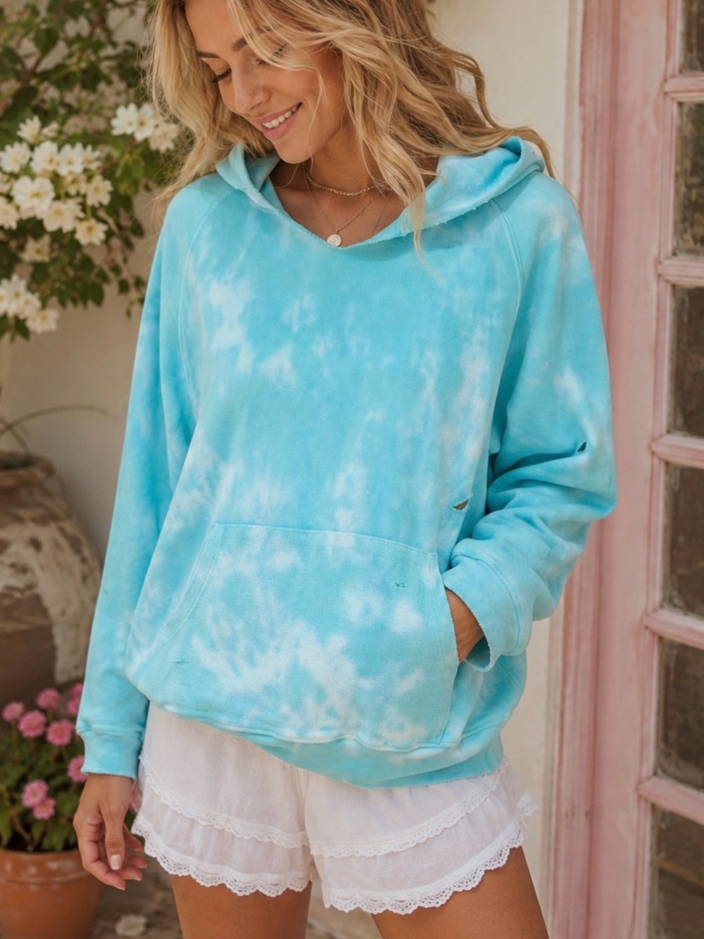 NWT LoveShackFancy ‘Addison’ Tie Dye Distressed Hoodie in “Cabana Teal” One Size